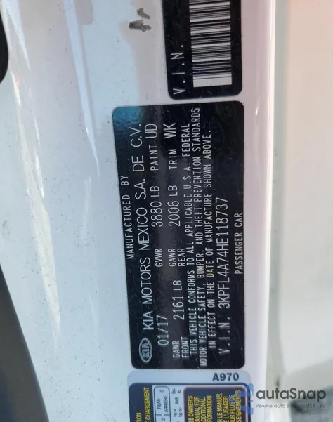 2017 Kia Forte Lx z USA, uszkodzony, nr VIN 3KPFL4A74HE118737